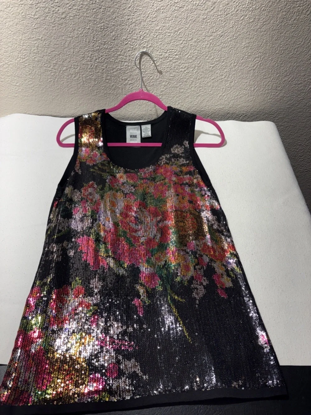 Girls' Sequin Floral Tank Dress - Black with Pink & Green Floral Accents